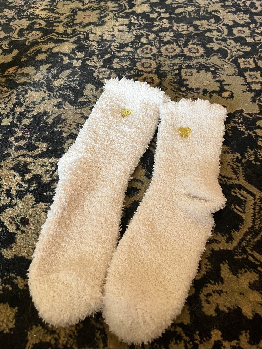Plush Cream Fuzzy Lounge Socks with Gold Heart Accent